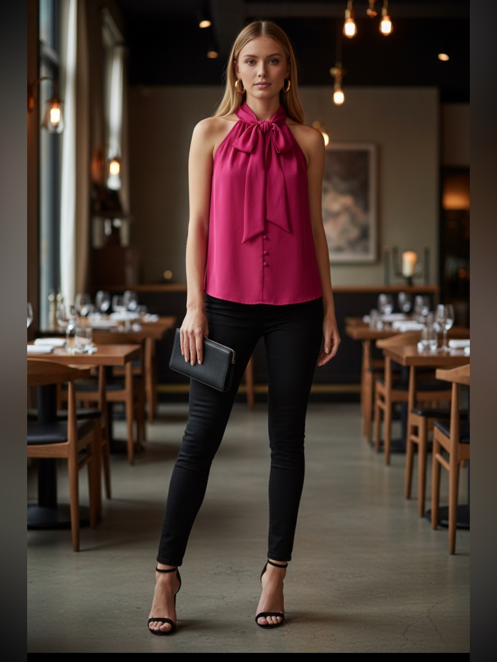 New York & Company Sleeveless Tie-Neck Blouse in Fuchsia